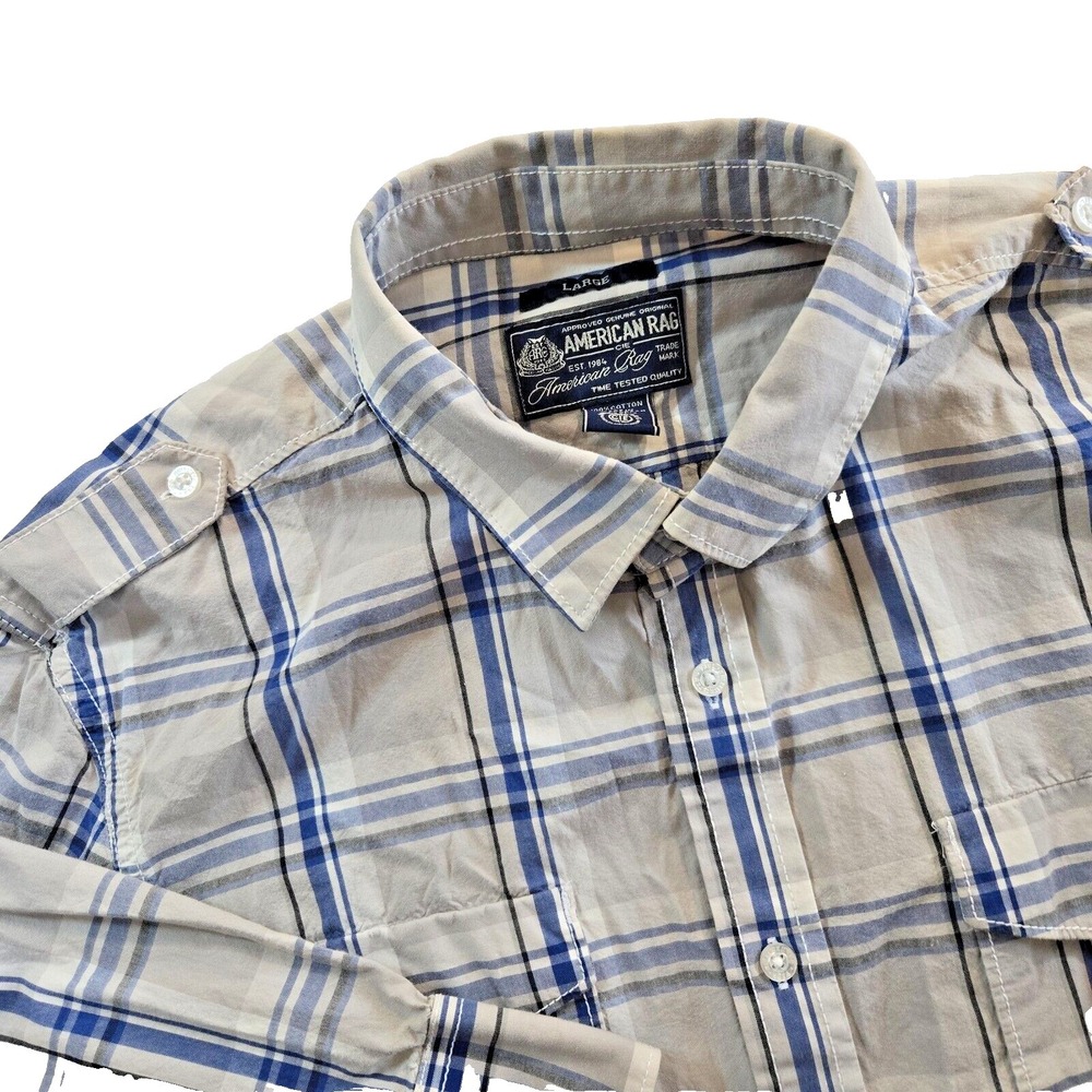 American Rag Button Down Shirt Mens L Blue Tan Plaid Military‎ Epaulets Cotton
